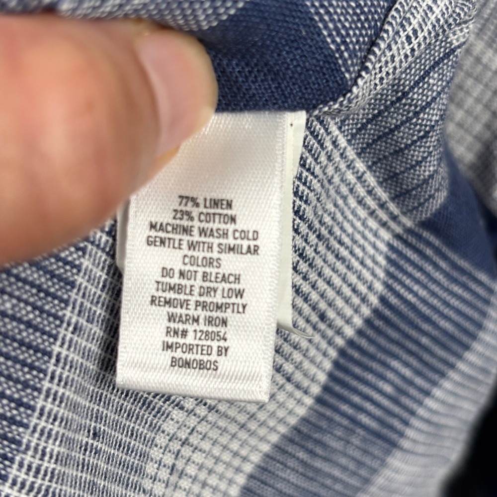 Bonobos Mens XL Standard Fit Blue White Plaid Linen Cotton Button Down Shirt - Picture 8 of 9